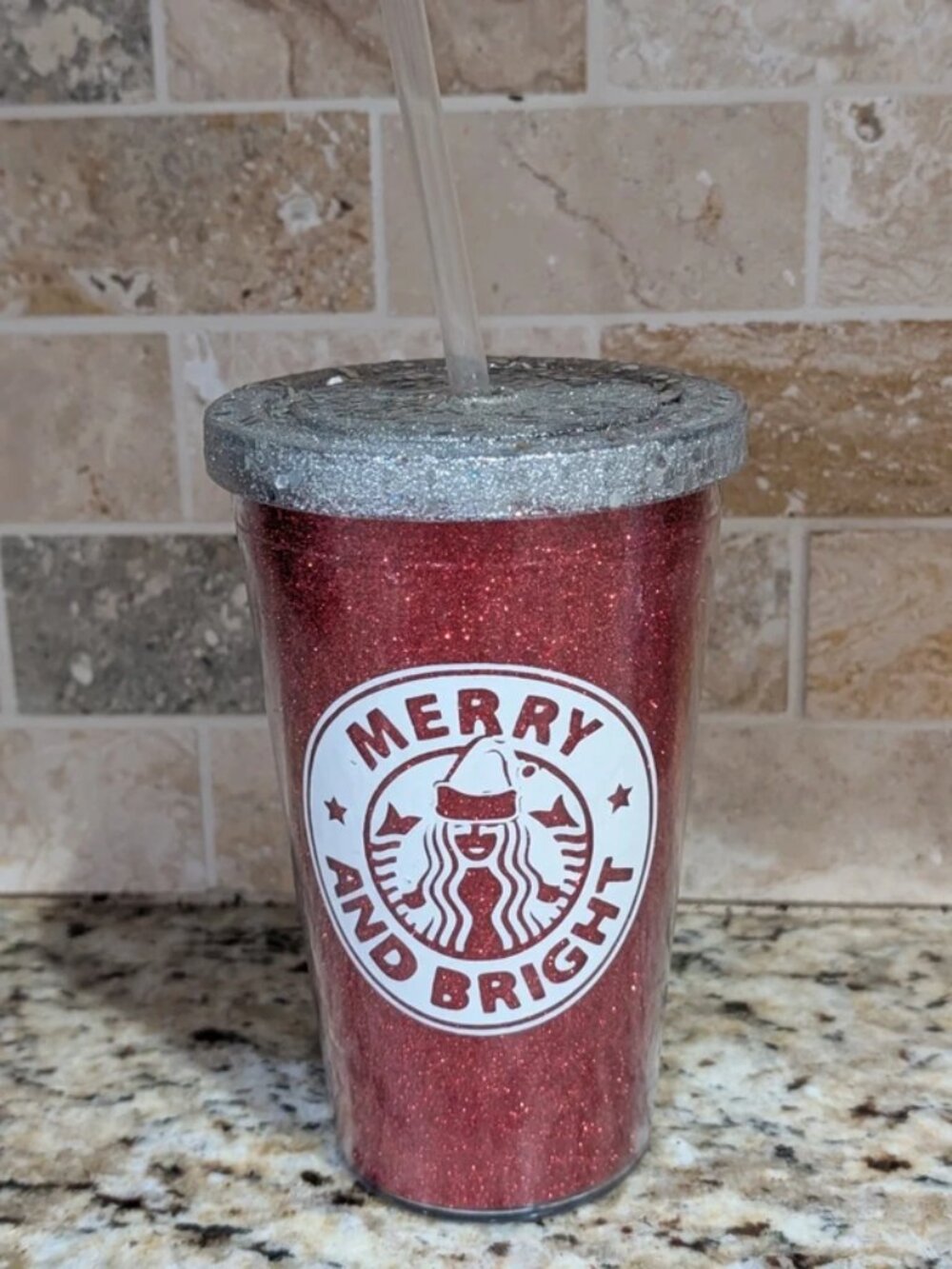 Starbucks custom merry & bright holiday Christmas cold cup glitter tumbler cup